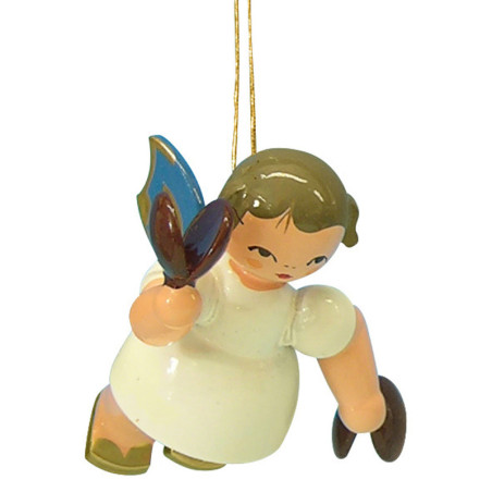 Christbaumschmuck Engel mit Kastagnetten - Blaue Flügel - schwebend - 5,5 cm