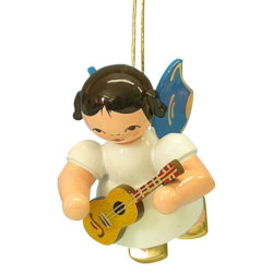 Christbaumschmuck Engel mit Ukulele - Blaue Flügel - schwebend - 5,5 cm