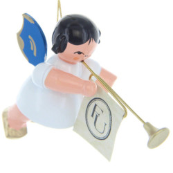 Christbaumschmuck Engel mit Fanfare - Blaue Flügel - schwebend - 5,5 cm