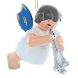 Christbaumschmuck Engel mit Schalmei - Blaue Flügel - schwebend - 5,5 cm