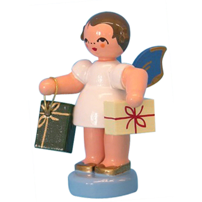 Engel mit 2 Geschenken - Blaue Flügel - stehend - 6 cm