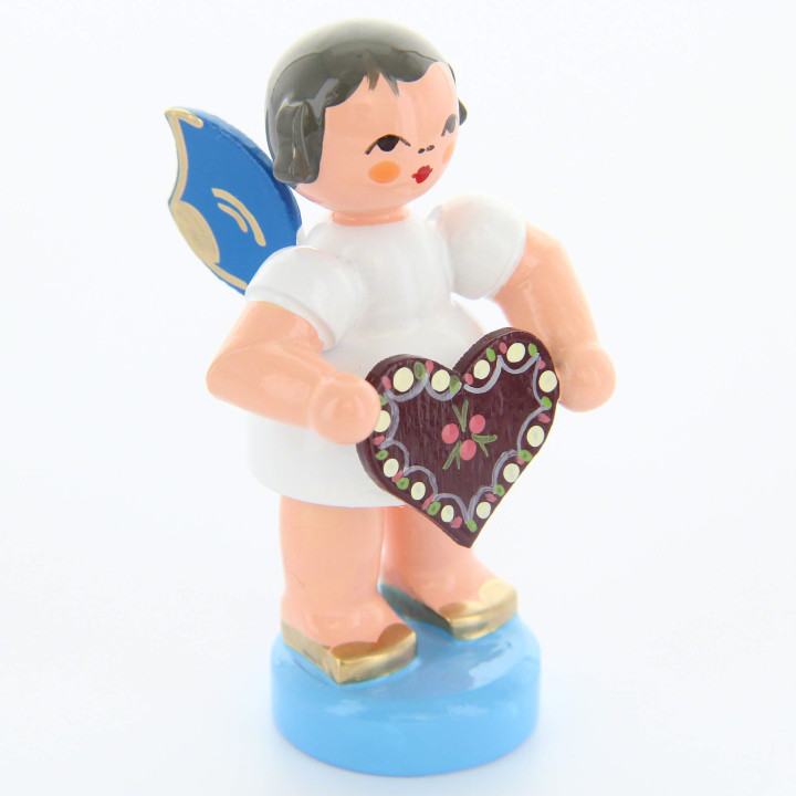 Engel mit Lebkuchenherz - Blaue Flügel - stehend - 6 cm