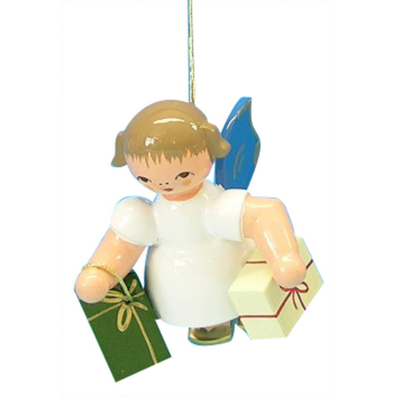 Christbaumschmuck Engel mit 2 Geschenken - Blaue Flügel - schwebend - 6 cm