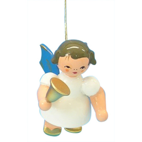 Christbaumschmuck Engel mit Glocke - Blaue Flügel - schwebend - 6 cm