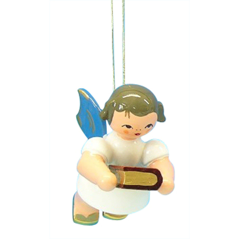 Christbaumschmuck Engel mit Bibel - Blaue Flügel - schwebend - 6 cm