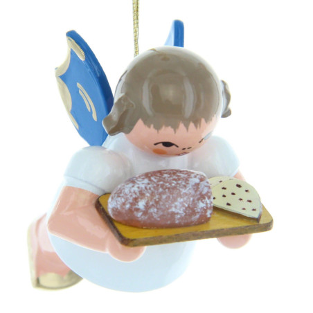 Christbaumschmuck Engel mit Stollenbrett - Blaue Flügel - schwebend - 5,5 cm