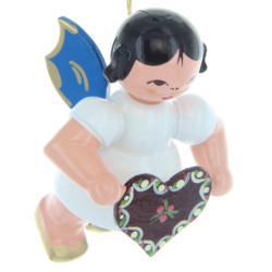 Tree Ornament - Angel with Gingerbread Heart - Blue Wings - Floating - 5,5 cm / 2.2 inch
