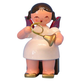 Angel with French Horn - Red Wings - Sitting - 5 cm / 2 inch