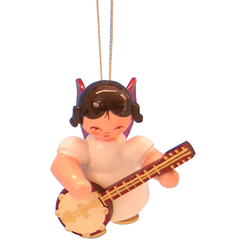 Christbaumschmuck Engel mit Banjo - Rote Flügel - schwebend - 5,5 cm