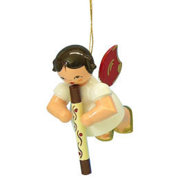 Christbaumschmuck Engel mit Didgeridoo - Rote Flügel - schwebend - 5,5 cm