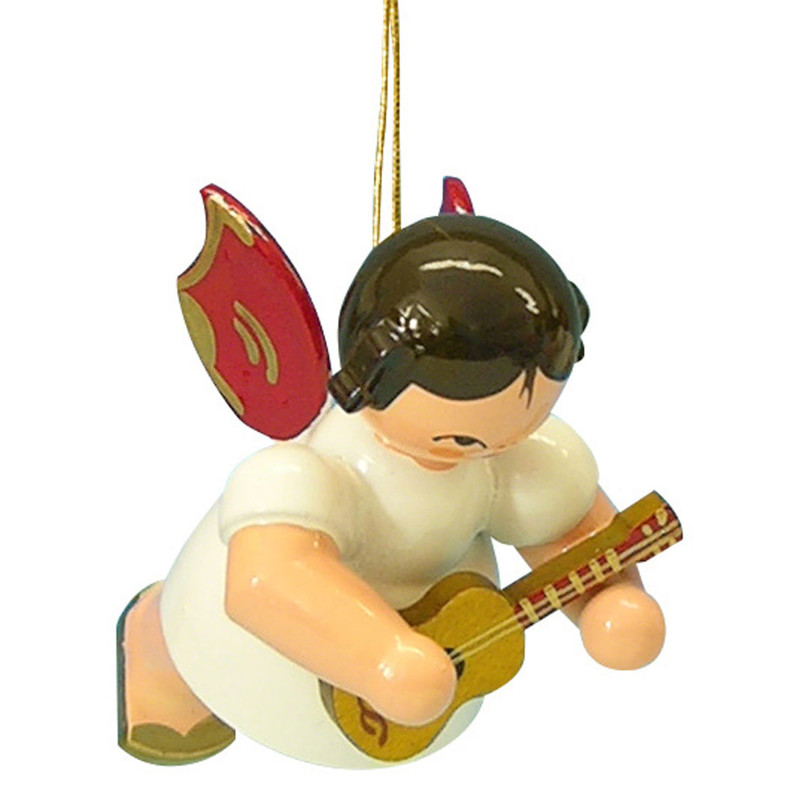 Christbaumschmuck Engel mit Ukulele - Rote Flügel - schwebend - 5,5 cm