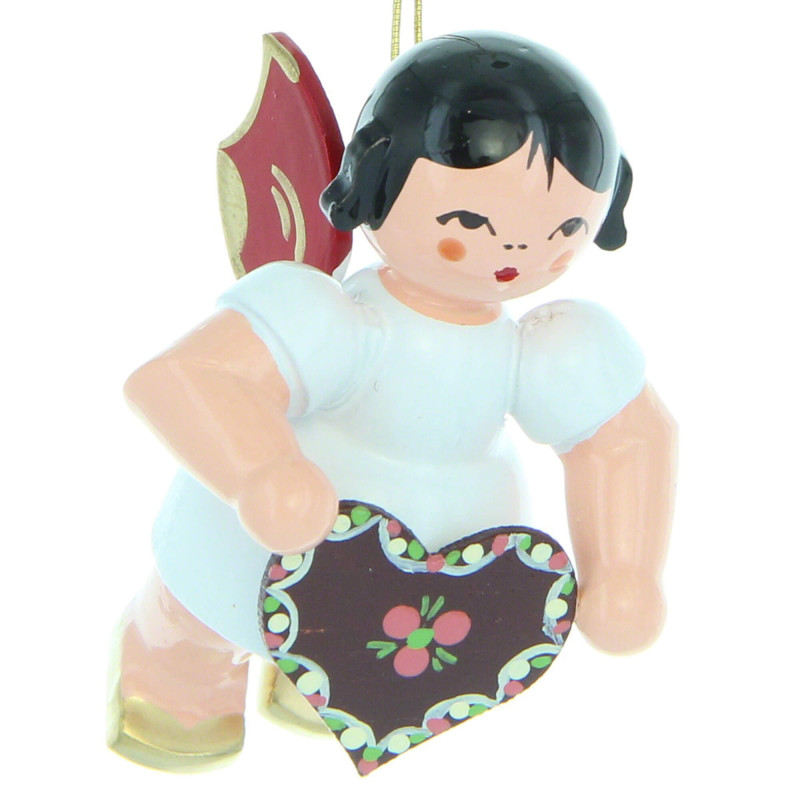 Christbaumschmuck Engel mit Lebkuchenherz - Rote Flügel - schwebend - 5,5 cm