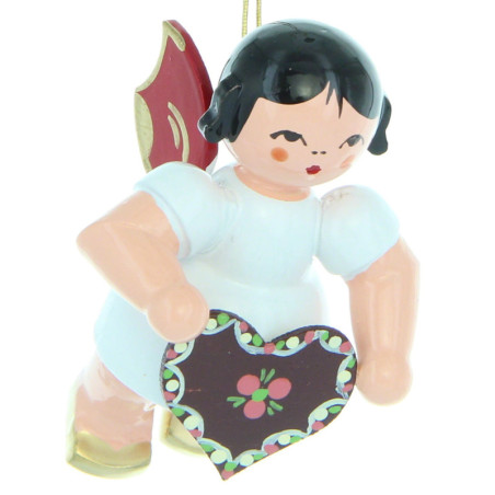 Christbaumschmuck Engel mit Lebkuchenherz - Rote Flügel - schwebend - 5,5 cm