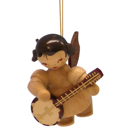Christbaumschmuck Engel mit Banjo - natur - schwebend - 5,5 cm