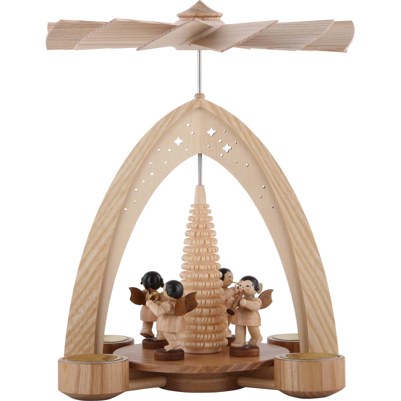 1-Tier Pyramid - Four Angels Natural with Wind Instruments - 26,5x21x16 cm / 10.4x8.6x6.3 inch