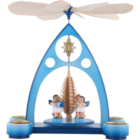1-Tier Pyramid - Blue with Colored Angels and Wind Instruments - 39x30,6x19 cm / 7.5 inch