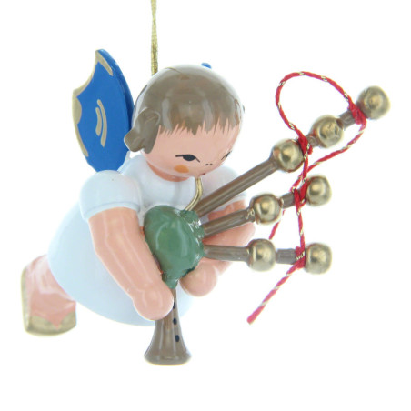 Christbaumschmuck Engel mit Dudelsack - Blaue Flügel - schwebend - 5,5 cm