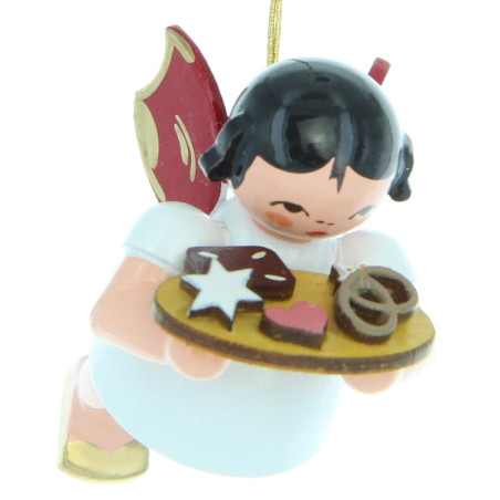 Tree Ornament - Angel with Gingerbread Plate - Red Wings - Floating - 5,5 cm / 2.2 inch