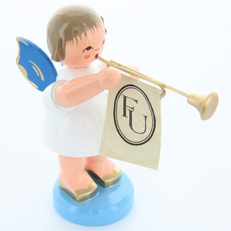 Engel mit Fanfare - Blaue Flügel - stehend - 9,5 cm