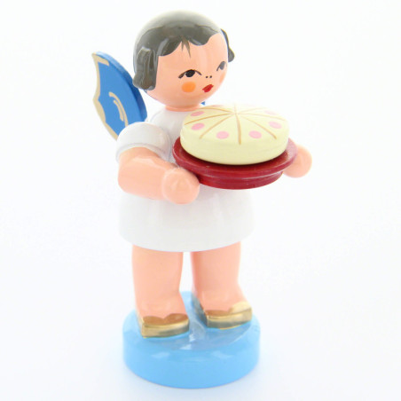 Engel mit Torte - Blaue Flügel - stehend - 6 cm