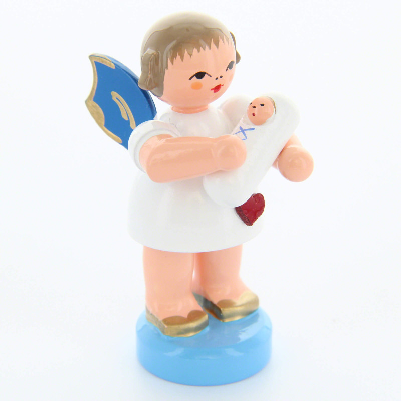 Herzengel mit Baby Junge - Blaue Flügel - stehend - 6 cm