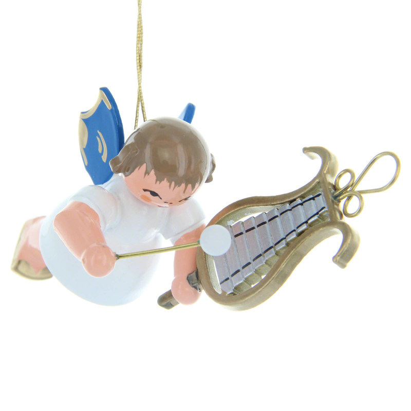 Christbaumschmuck Engel mit Glockenspiel - Blaue Flügel - schwebend - 5,5 cm
