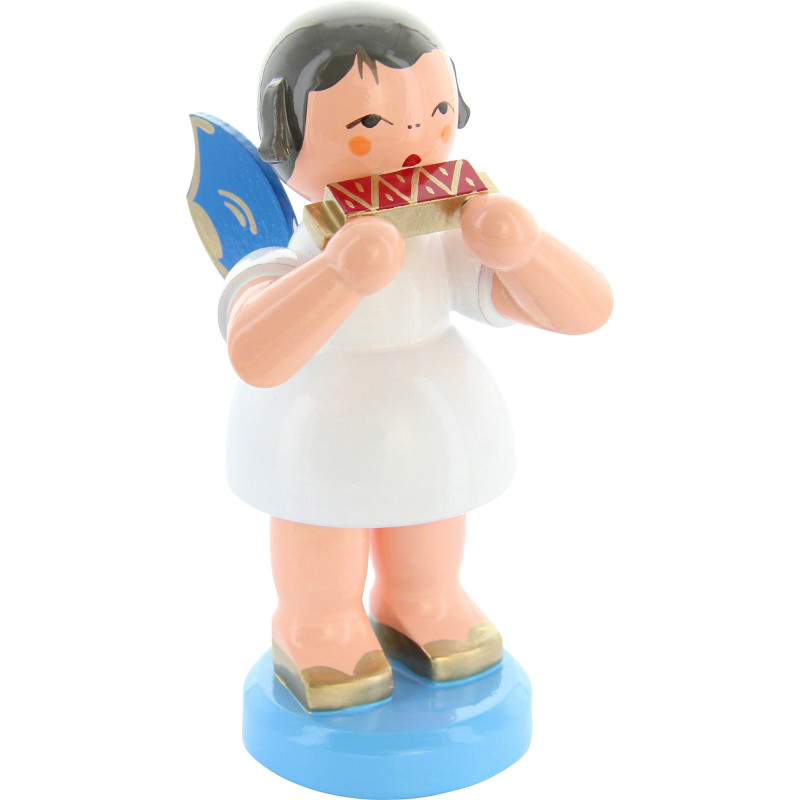 Engel mit Mundharmonika - Blaue Flügel - stehend - 9,5 cm