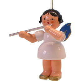 Tree Ornament - Angel with Transverse Flute - Blue Wings - 9,5 cm / 3.7 inch