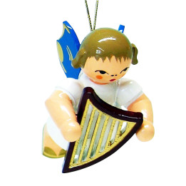 Christbaumschmuck Engel mit Handharfe - Blaue Flügel - schwebend - 5,5 cm