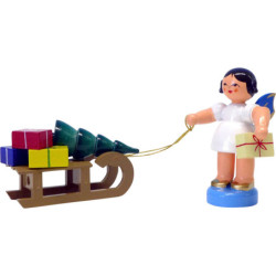 Engel mit Geschenkeschlitten - Blaue Flügel - stehend - 6 cm