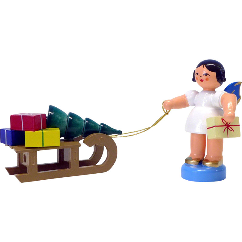Engel mit Geschenkeschlitten - Blaue Flügel - stehend - 6 cm