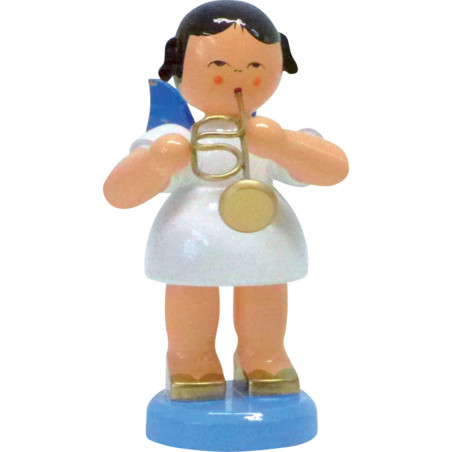 Engel mit Flügelhorn - Blaue Flügel - stehend - 9,5 cm
