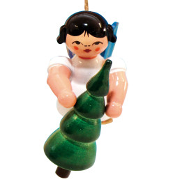 Christbaumschmuck Engel mit Weihnachtsbaum - Blaue Flügel - schwebend - 5,5 cm