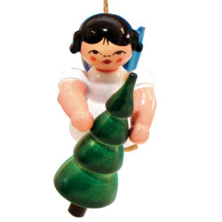 Christbaumschmuck Engel mit Weihnachtsbaum - Blaue Flügel - schwebend - 5,5 cm