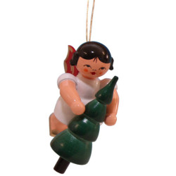 Christbaumschmuck Engel mit Weihnachtsbaum - Rote Flügel - schwebend - 5,5 cm