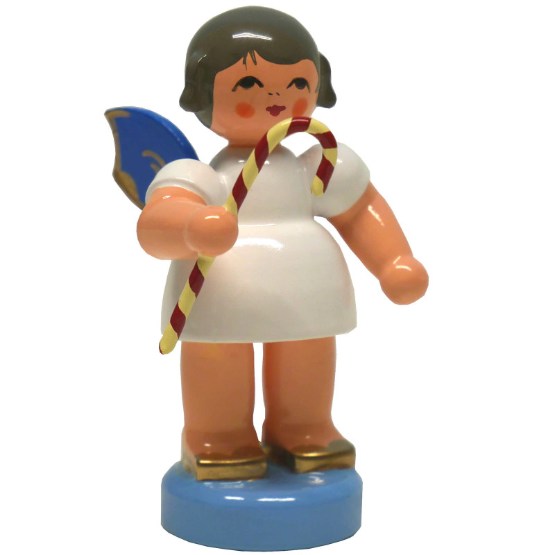 Angel with Candy Cane - Blue Wings - Standing - 6 cm / 2.4 inch