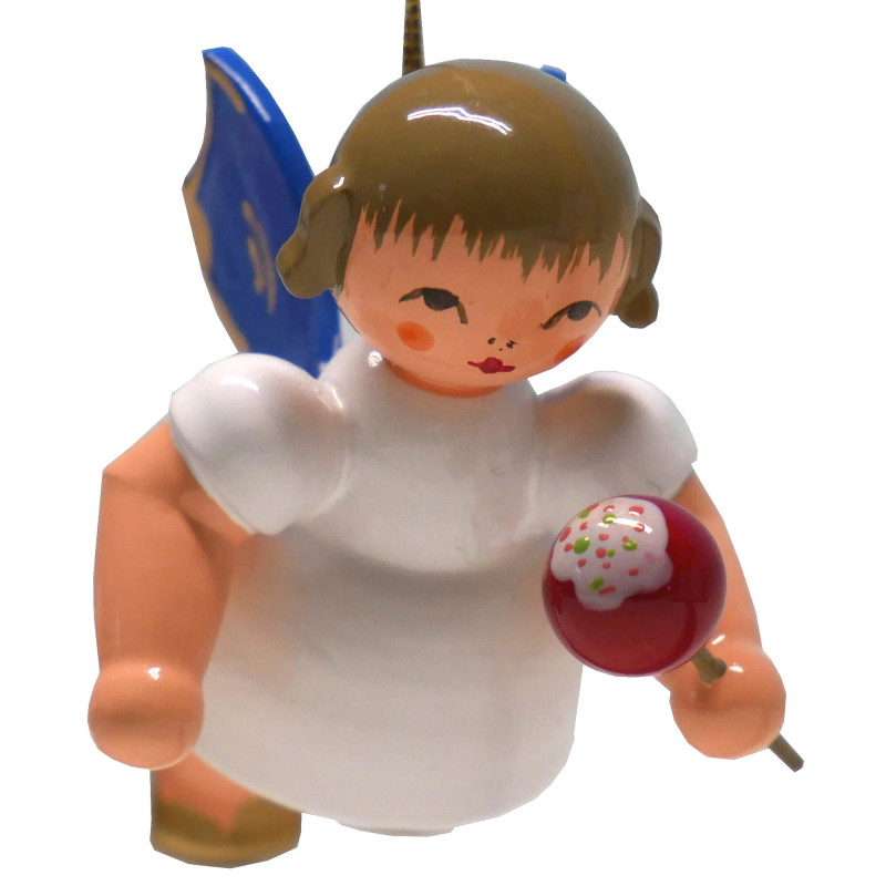 Tree Ornament - Angel with Candied Apple - Blue Wings - Floating - 5,5 cm / 2.2 inch