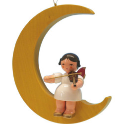 Engel mit Violine - Rote Flügel - sitzend im Mond gelb - 16,5 cm