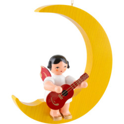 Angel with Guitar - Red Wings - Sitting in Yellow Moon - 16,5 cm / 6.5 inch