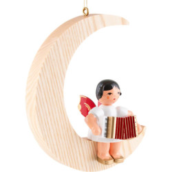 Angel with Accordion - Red Wings - Sitting in Natural-Colored Moon - 16,5 cm / 6.5 inch