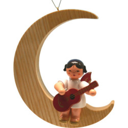 Angel with Guitar - Red Wings - Sitting in Natural-Colored Moon - 16,5 cm / 6.5 inch