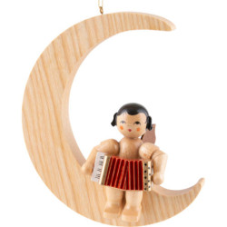 Angel with Accordion - Natural Colors - Sitting in Natural-Colored Moon - 16,5 cm / 6.5 inch