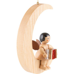 Angel with Accordion - Natural Colors - Sitting in Natural-Colored Moon - 16,5 cm / 6.5 inch