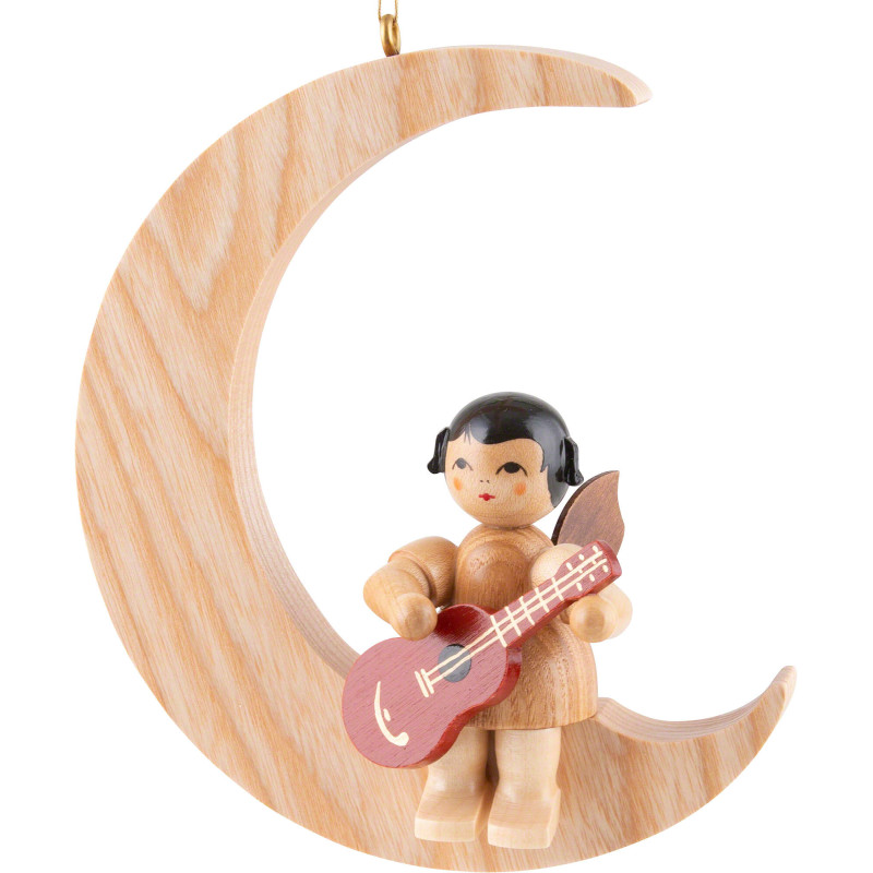 Engel mit Gitarre - natur - sitzend im Mond natur - 16,5 cm