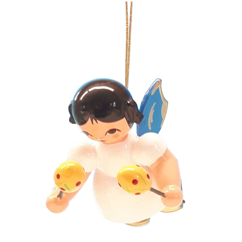 Christbaumschmuck Engel mit Maracas - Blaue Flügel - schwebend - 5,5 cm