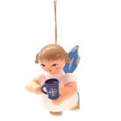 Christbaumschmuck Engel mit Glühweintasse - Blaue Flügel - schwebend - 5,5 cm