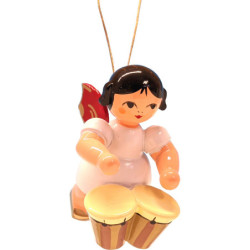 Christbaumschmuck Engel schwebend mit Bongotrommel - Rote Flügel - 5,5 cm