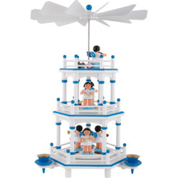 3-stöckige Pyramide weiß-blau Instrumenten-Engel mit blauen Flügeln  - 35 cm