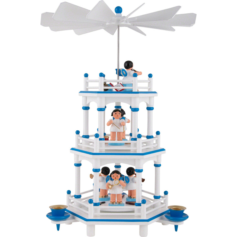 3-Tier Pyramid - White-Blue - Music Angels with Blue Wings  - 35 cm / 13.8 inch