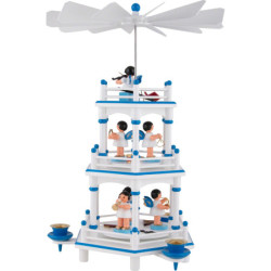 3-stöckige Pyramide weiß-blau Instrumenten-Engel mit blauen Flügeln  - 35 cm